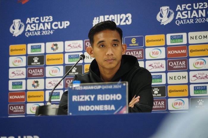 Kapten Timnas U-23 Indonesia, Rizky Ridho dalam konferensi pers sebelum laga lawan Korea Selatan pada Rabu (24/4/2024)