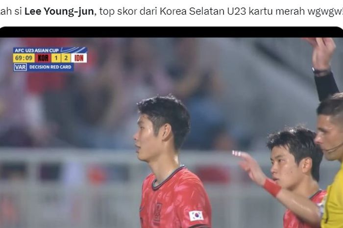 Penyerang timnas U-23 Korea Selatan, Lee Young-jun, dirujak netizen Indonesia gara-gara bertindak kasar terhadap Justin Hubner, pada perempat final Piala Asia U-23 2024.