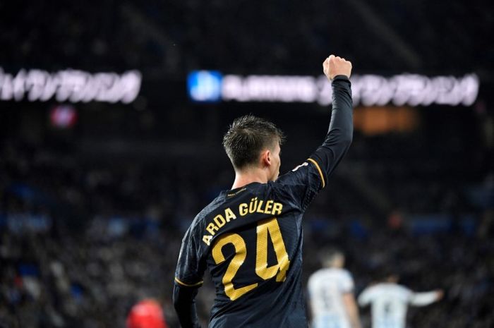Arda Guler melakukan selebrasi usai menjebol gawnag Real Sociedad pada lanjutan Liga Spanyl 2023-2024.