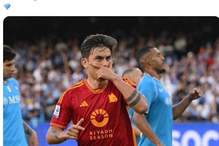 Selebrasi Paulo Dybala usai menjebol gawang Napoli pada lanjutan Liga Italia 2023-2024.