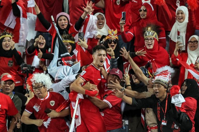 Ivar Jenner merayakan gol untuk timnas U-23 Indonesia saat melawan Irak pada duel perebutan tempat ketiga Piala Asia U-23 di Doha (2/5/2024).