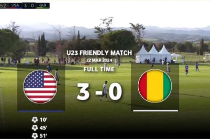 Timnas U-23 Guinea menelan kekalahan 0-3 dari Timnas U-23 Amerika Serikat dalam laga uji coba.