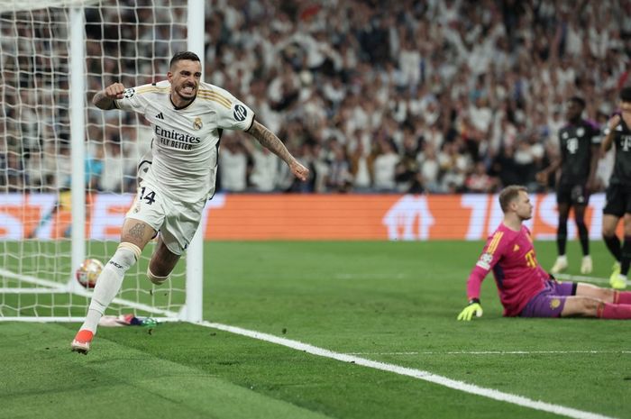 Joselu merayakan gol Real Madrid ke gawang Bayern Muenchen pada semifinal Liga Champions di Santiago Bernabeu (8/5/2024).
