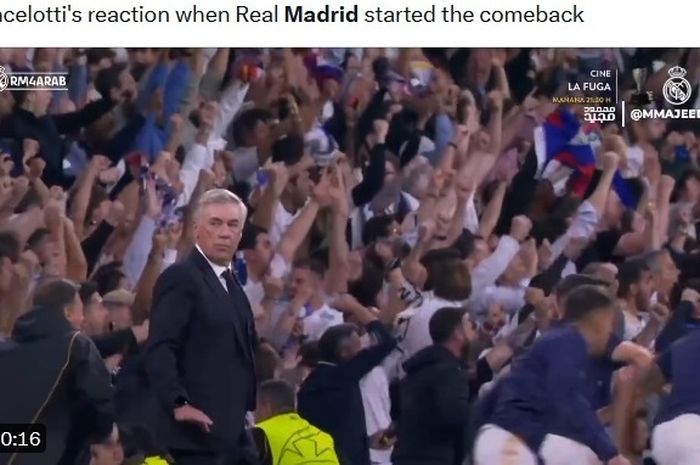 Reaksi Carlo Ancelotti saat Joselu mencetak gol bagi Real Madrid pada semifinal leg kedua Liga Champions 2023-2024.