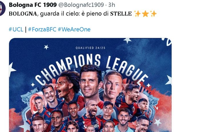 Bologna merayakan kesuksesan lolos ke Liga Champions 2024-2025 dengan unggahan di akun media sosialnya.