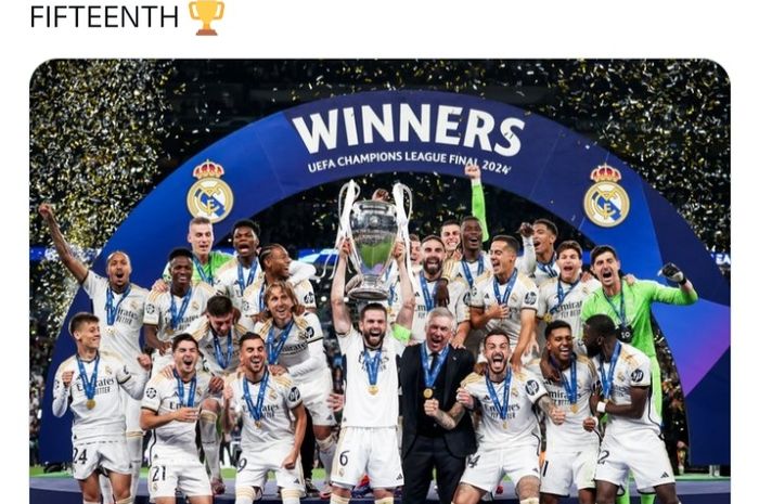 Real Madrid merayakan gelar Liga Champions ke-15 di Stadion Wembley, Sabtu (1/6/2024).