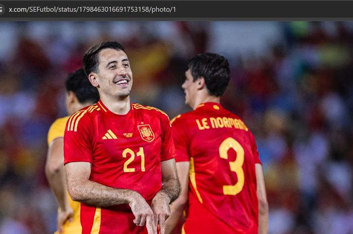 Selebrasi Mikel Oyarzabal usai mencetak hattrick dalam kemenangan 5-0 Timnas Spanyol atas Andorra pada laga uji coba, Rabu (5/6/2024) atau Kamis dini hari WIB.