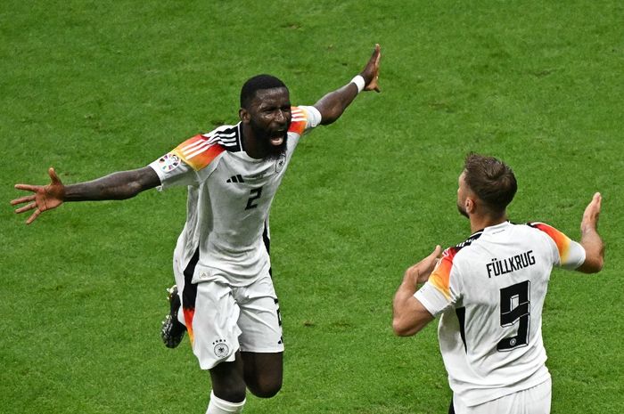 Antonio Ruediger merayakan gol Jerman ke gawang Swiss pada laga grup EURO 2024.