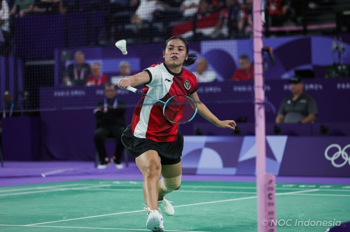 Pebulu tangkis tunggal putri Indonesia, Gregoria Mariska Tunjung, pada babak 16 besar Olimpiade Paris 2024 di Porte de la Chapelle Arena, Prancis, Kamis (1/8/2024) waktu lokal atau Jumat (2/8/2024) dini hari WIB.