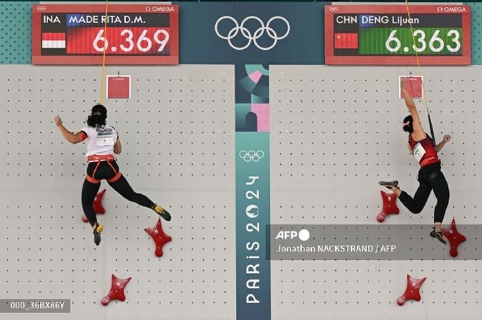 Atlet panjat tebing Indonesia, Desak Made Rita Kusuma Dewi kalah menyesakkan 0,006 detik dari Deng Li Juan (China) pada perempat final nomor speed putri Olimpiade Paris 2024 di La Bourget, Prancis, Rabu (7/8/2024).