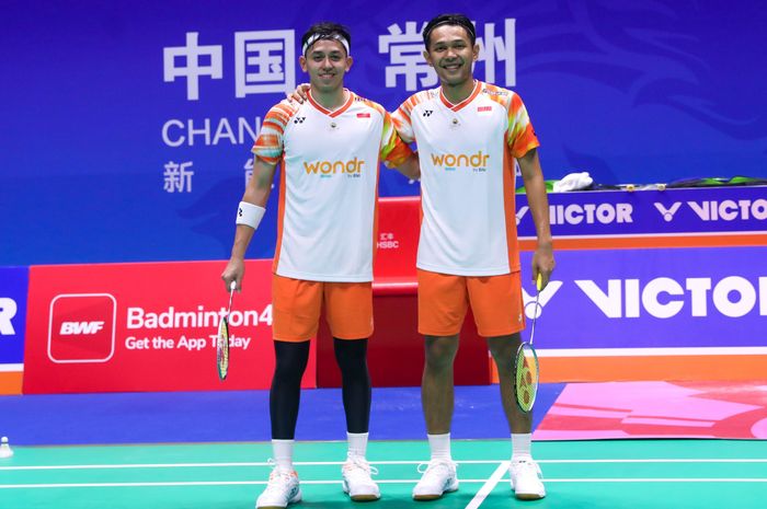 Selebrasi ganda putra Indonesia, Fajar Alfian/Muhammad Rian Ardianto pada babak pertama China Open 2024, Rabu (18/9/2024)