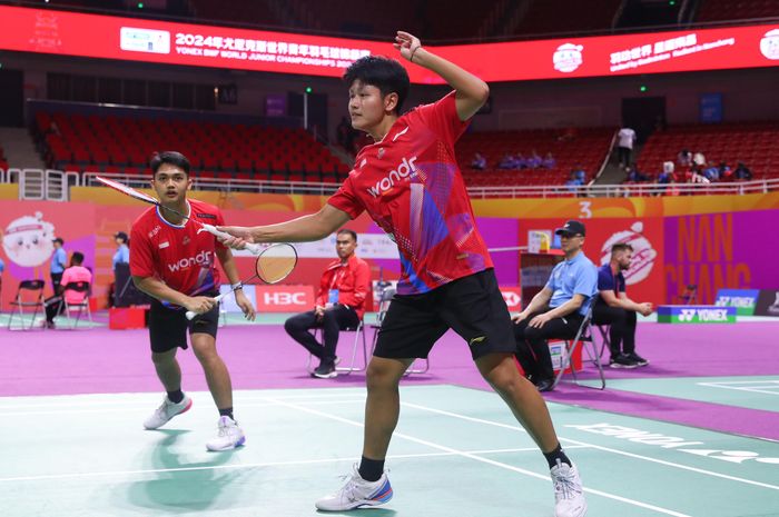 Ganda putra junior Indonesia, Wahyu Agung Prasetyo/Dexter Farrell pada Piala Suhandinata 2024, di Nanchang, China, Senin (30/9/2024).