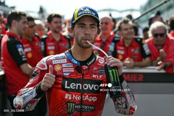 Pembalap Ducati Lenovo, Enea Bastianini di parc ferme setelah meraih podium tiga pada balapan utama MotoGP Malaysia 2024 di Sirkuit Sepang, Malaysia, Minggu (3/11/2024).