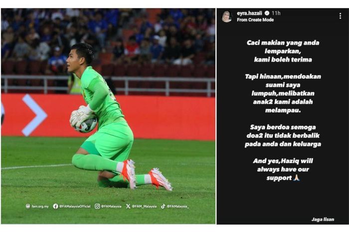 Eyra Hazali kecewa saat netizen menghina suaminya, Haziq Nadzli, usai menjadi penyebab kekalahan Timnas Malaysia dari Timnas Thailand pada laga ketiga Grup A ASEAN Cup 2024, Sabtu (14/12/2024).