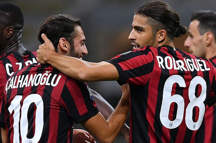 Bek AC Milan, Ricardo Rodriguez (kanan), melakukan selebrasi bersama rekan setimnya, Hakan Calhanoglu (kiri), seusai mencetak gol ke gawang Spal dalam laga lanjutan Liga Italia 2017-2018 di Stadion San Siro, Milan, Italia, pada 20 September 2017.