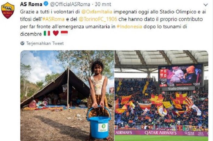 Twitter AS Roma ucapkan terima kasih bagi relawan dari Oxfam dan fan di Stadion Olimpico yang memberi bantuan bagi korban tsunami Selat Sunda.