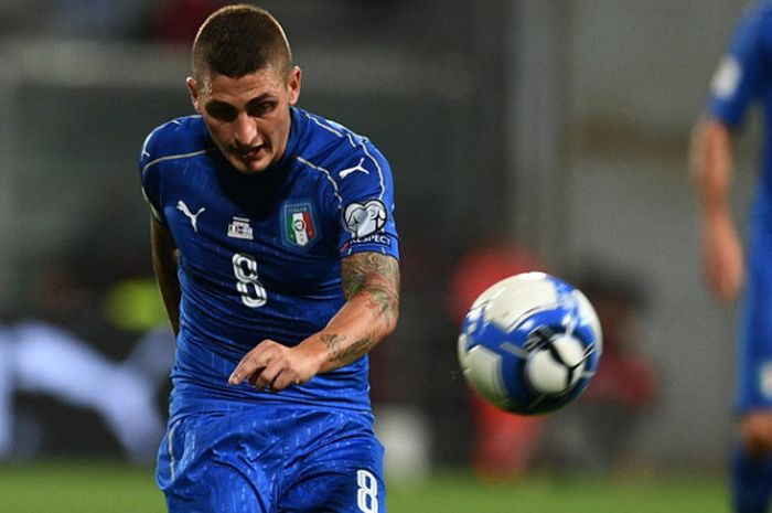 Aksi gelandang tim nasional Italia, Marco Verratti, dalam pertandigan Grup G babak Kualifikasi Piala Dunia 2018 menghadapi Israel di Stadion Mappei, Reggio Emilia, Italia, pada Selasa (5/9/2017).