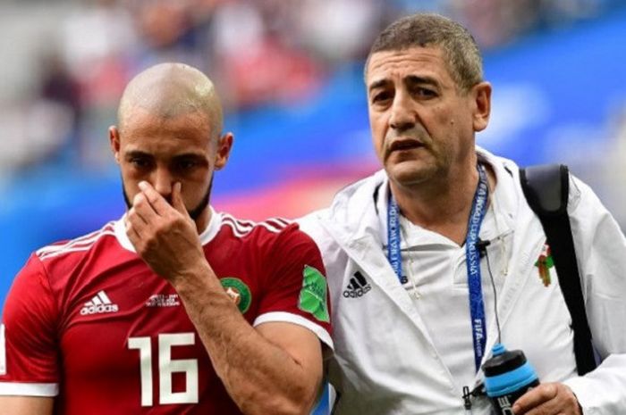 Nordin Amrabat mengalami cedera pada pertandingan Group B Piala Dunia 2018 antara Maroko dan Iran di Saint Petersburg, 15 Juni 2018. 
