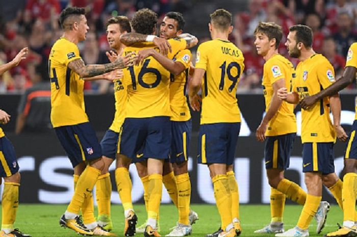 Para pemain Atletico Madrid merayakan gol ke gawang Liverpool pada pertandingan final Audi Cup 2017 di Allianz Arena, Rabu (2/8/2017). 