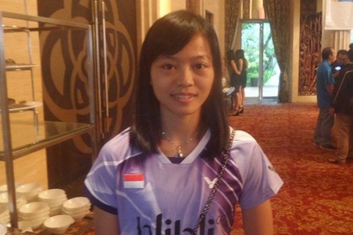 Pebulu tangkis tunggal putri, Fitriani, menghadiri konferensi pers Djarum Superliga 2017 di Hotel Indonesia Kempinski, Jakarta, Rabu (1/2/2017). 