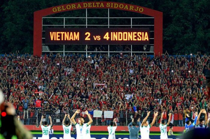 Papan skor elektronik di Stadion Gelora Delta, Sidoarjo, saat timnas U-16 Indonesia bertarung menghadapi Vietnam pada laga Grup A Piala AFF U-16 2018, Kamis (2/8/2018).