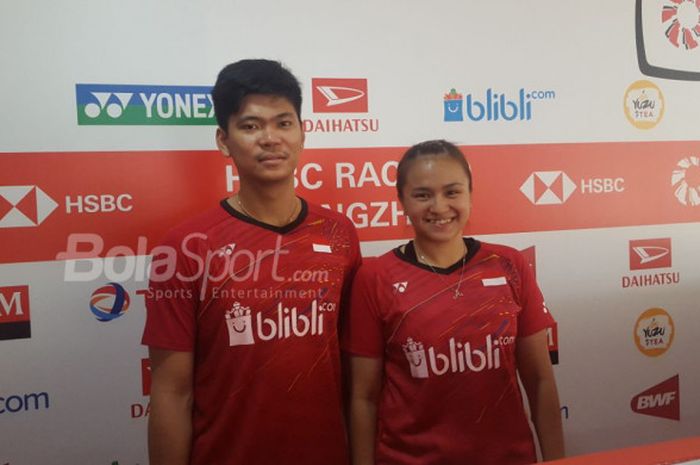 Pebulu tangkis ganda campuran, Praveen Jordan/Melati Oktavianti usai menang dari Ronald/Winny Oktavina Kandow di babak pertama Indonesia Masters 2018, Rabu, (24/1/2018).