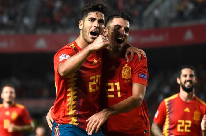 Pemain Spanyol, Marco Asensio, melakukan selebrasi setelah mencetak gol ke gawang Kroasia pada pertandingan Liga A Grup 4 UEFA Nations League di Stadion Martinez Valero, Selasa (11/9/2018) waktu setempat atau Rabu dini hari WIB,