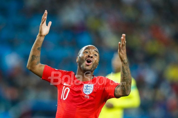 Reaksi Raheem Sterling pada duel babak 16 besar Piala Dunia 2018 lawan Kolombia di Stadion Spartak, Moskow, 3 Juli 2018.