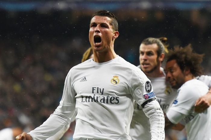 Cristiano Ronaldo merayakan gol keduanya saat pertandingan UEFA Champions League perempat final leg ke-2 antara Real Madrid CF dan VfL Wolfsburg di Estadio Santiago Bernabeu tanggal 12 April 2016 di Madrid, Spanyol 