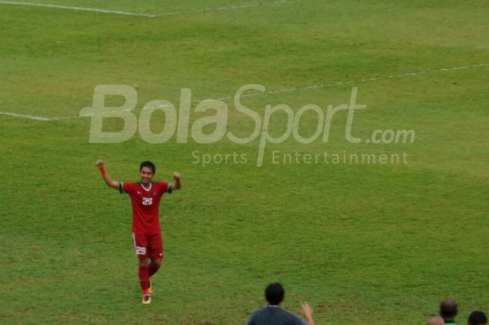 Pemain timnas U-22 Indonesia, Septian David Maulana, merayakan gol ke gawang Myanmar pada laga perebutan tempat ketiga di ajang sepak bola SEA Games 2017, Selasa (29/8/2017).
