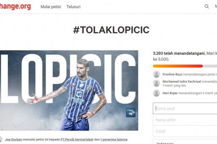 Salah satu ungkapan kekecewaan bobotoh atas keputusan Persib Bandung yang mendatangkan Srdjan Lopicic diluapkan lewat sebuah petisi berjudul 