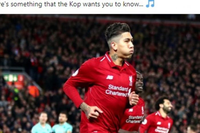 Penyerang Liverpool FC, Roberto Firmino, merayakan gol yang dicetak ke gawang Arsenal dalam laga Lig