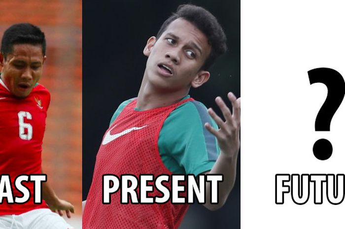 Ilustrasi pemain Indonesia yang merepresentasikan dulu, kini, dan nanti di skuat Garuda Muda.