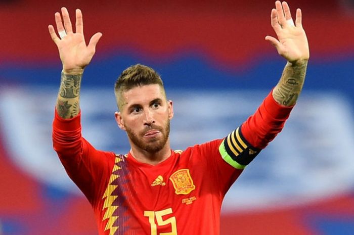 Sergio Ramos bereaksi dalam laga UEFA Nations League antara timnas Inggrs vs Spanyol di Stadion Wembley, London, 8 September 2018.