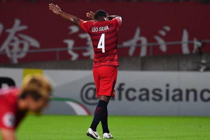 Selebrasi pemain tengah Kashima Antlers, Leo Silva seusai membobol gawang Tianjin Quanjian pada laga leg pertama perempat final regional timur Liga Champions Asia 2018 di Stadion Kashima Soccer, 28 Agustus 2018. 