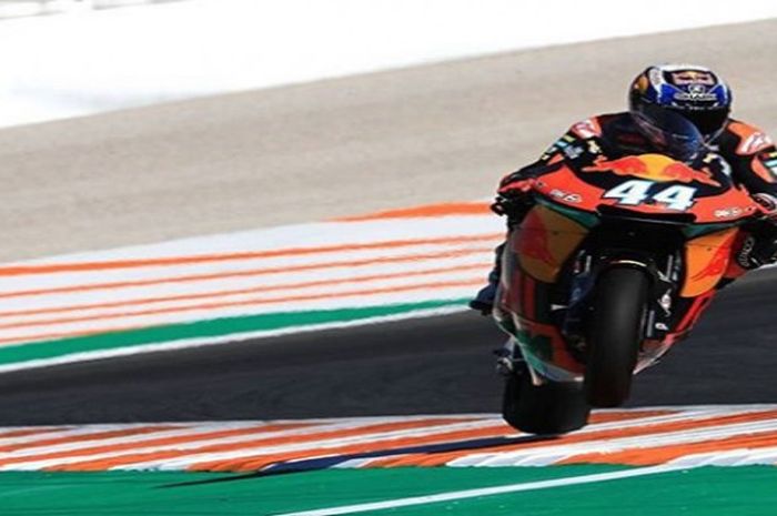Pebalap Portugal, Miguel Oliviera, saat beraksi di salah satu sesi Moto2 yang digelar di Sirkuit Ricardo Tormo, Valencia, Spanyol.