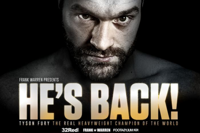 Poster kembalinya petinju kelas berat Inggris, Tyson Fury ke ring, pada 9 Juni 2018 mendatang.
