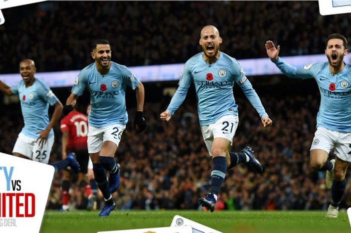 Gelandang Manchester City, David Silva (kedua dari kanan), merayakan gol yang dicetak ke gawang Manchester United dalam laga Liga Inggris di Stadion Etihad, Manchester pada 11 November 2018.