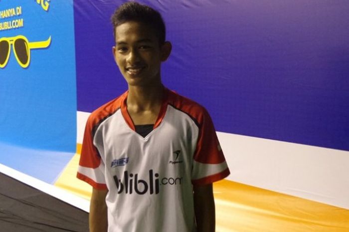 Tunggal putra Indonesia, Muhammad Asqar Harianto, berpose setelah mengantongi tiket final turnamen Blibli.com Badminton Asia U17 & U15 Junior Championships 2016 kategori U-15.