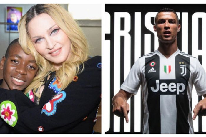 Kolase foto Madonna, Davis Banda, dan Cristiano Ronaldo