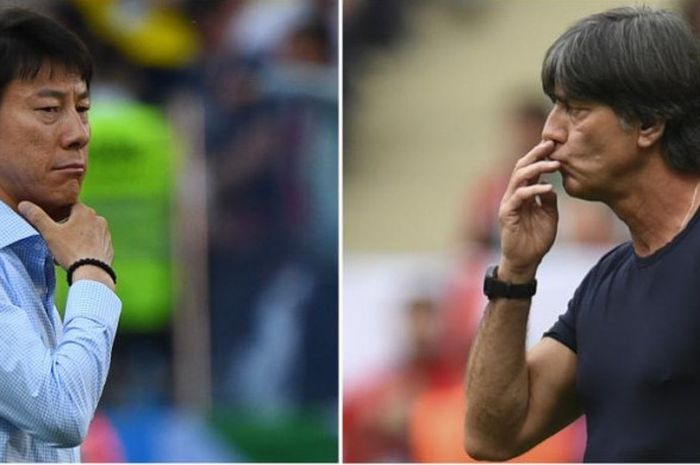 Pelatih timnas Korea Selatan, Shin Tae-young (kiri), dan pelatih Jerman, Joachim Loew, bakal beradu cerdas taktik dalam pertandingan Grup F Piala Dunia 2018 di Kazan, 27 Juni 2018.