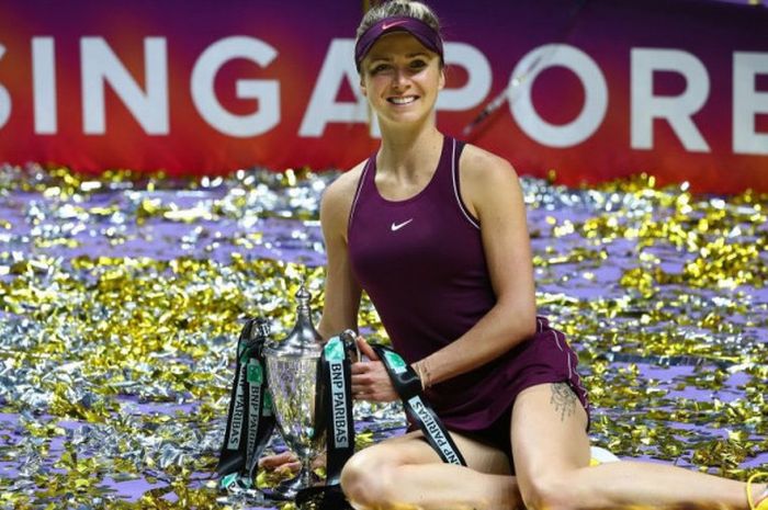  Selebrasi Elina Svitolina seusai tampil sebagai pemenang partai final WTA Finals 2018 yang diselenggarakan di Singapura pada Minggu (28/10/2018) malam. 