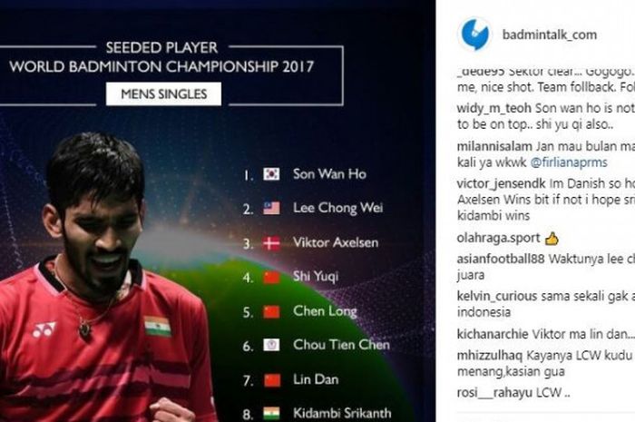 Daftar delapan pemain unggulan tunggal putra di Kejuaraan Dunia Bulu Tangkis yang akan digelar di Glasglow, Skotlandia, Agustus 2017. 