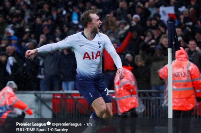 Selebrasi Cristian Eriksen saat mencetak gol ke gawang Burnley dalam lanjutan pekan ke-17 Liga Inggris di Stadion Wembley, Sabtu (15/12/2018).