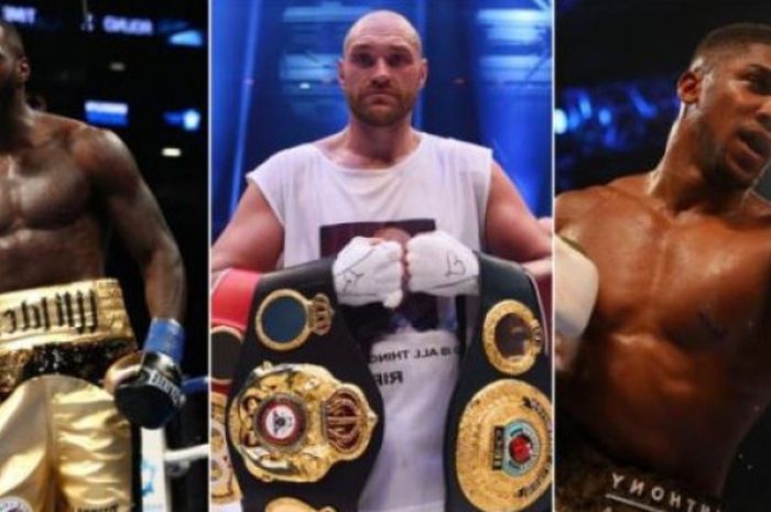 Para petinju kelas berat, Deontay Wilder (kiri), Tyson Fury (tengah), dan Anthony Joshua (kanan). 