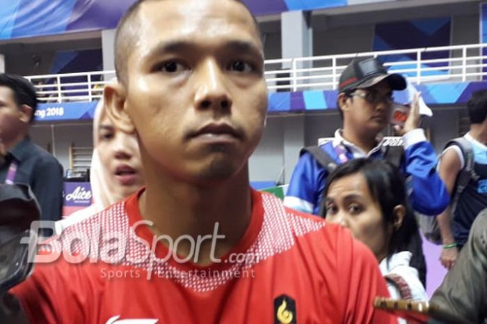 Atlet sepak takraw putra Indonesia, Nofrizal, ketika menemui awak media usai final regu putra pada Selasa (28/8/2018) di Ranau Hall Jakabaring, Palembang.