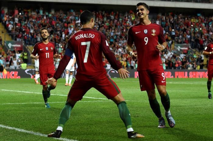 Cristiano Ronaldo merayakan gol Portugal ke gawang Kepulauan Faroe pada partai Kualifikasi Piala Dunia 2018 zona Eropa di Stadion Bessa, 31 Agustus 2018.
