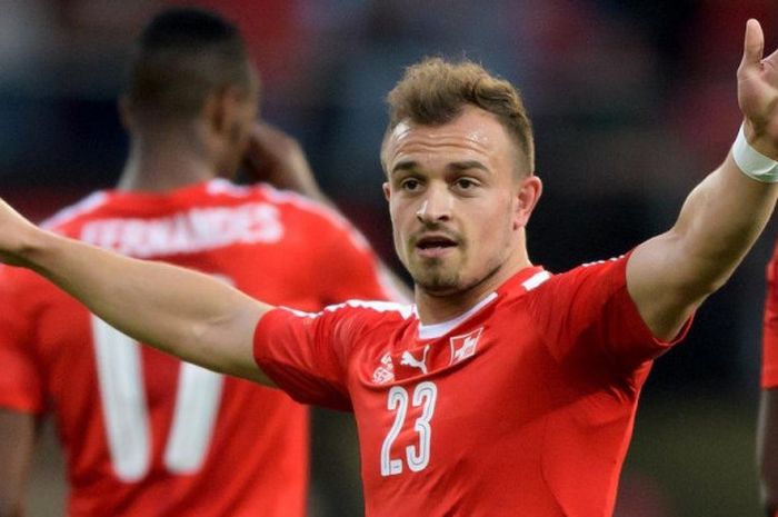 Reaksi playmaker timnas Swiss Xherdan Shaqiri dalam partai uji coba melawan Belarus di Maladiere Stadium, Neuchatel, 1 Juni 2017.