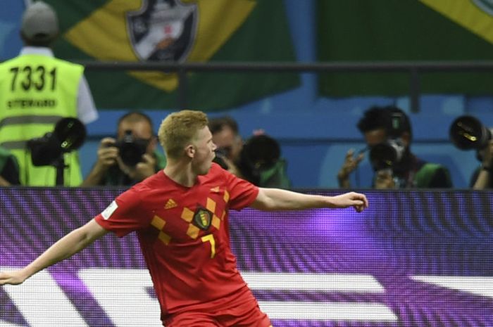 Gelandang Belgia, Kevin De Bruyne, merayakan gol yang dicetaknya dalam laga babak perempat final Piala Dunia 2018 melawan Brasil, 6 Juli 2018 di Kazan Arena.
