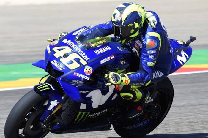 Pebalap Movistar Yamaha, Valentino Rossi, saat menjalani sesi latihan keempat MotoGP Aragon 2018 yang berlangsung di MotorLand Aragon, Spanyol, Sabtu (22/9/2018).